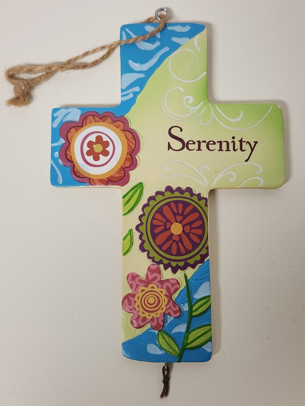 Serenity Floral Cross Wall Hanging - Green, Blue, Purple Accents